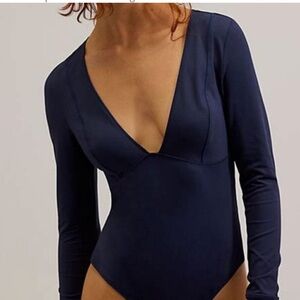 Free People Deep V-Neck Navy Bodysuit